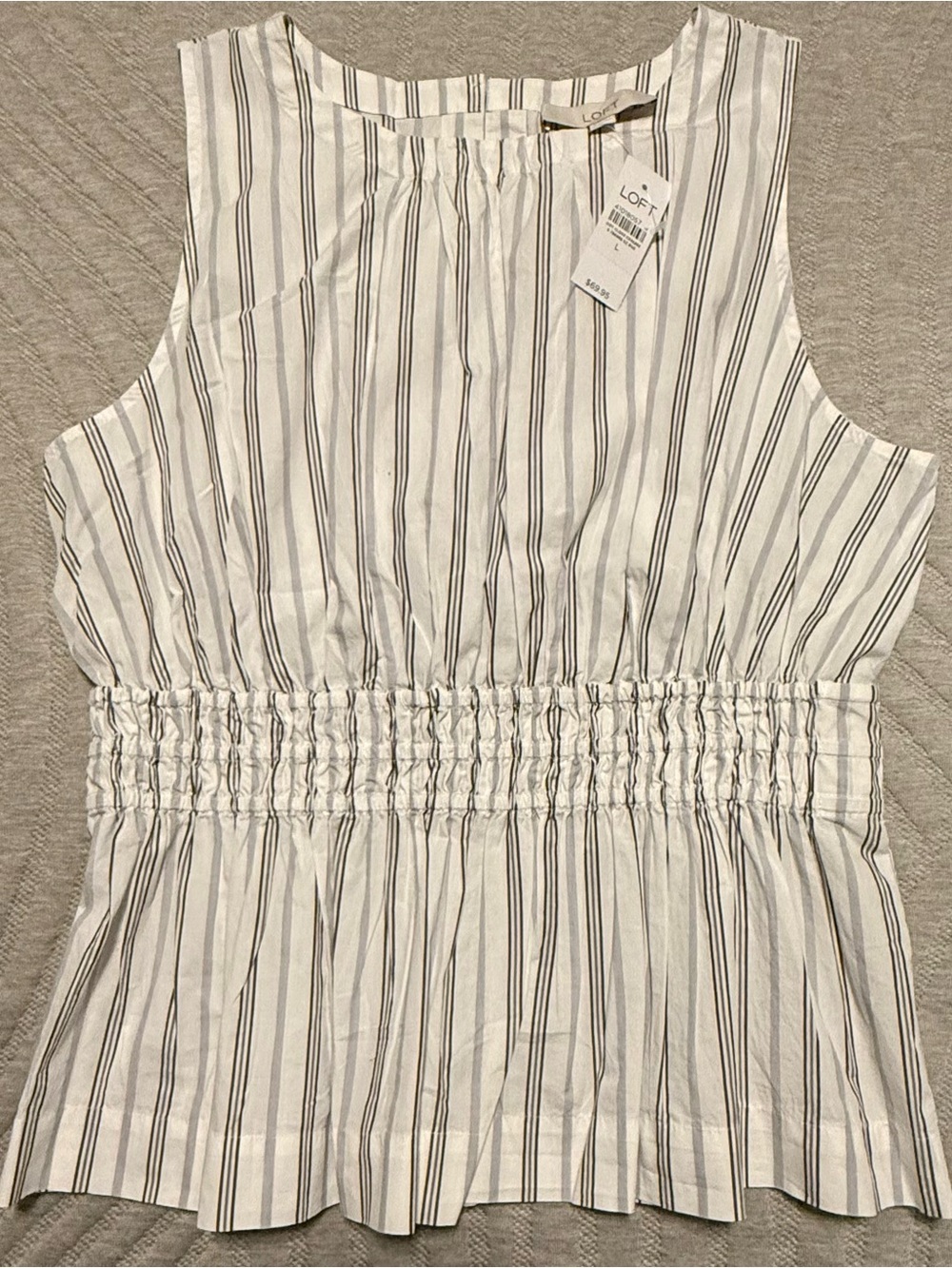 LOFT White Sleeveless Vertical Stripe Smocked-Waist Top